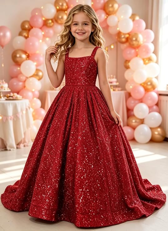 TinyTulle Sparkly Sequin Square Neck Long Flower Girl Pageant Gown