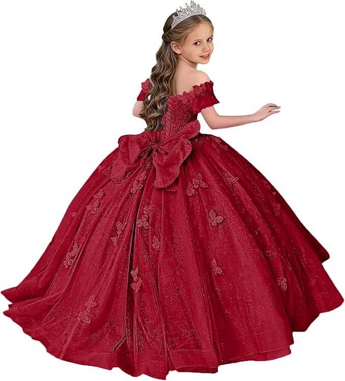 TinyTulle Butterfly Glitter Tulle Flower Girl Dress with Off Shoulder Sleeves &amp; Bow
