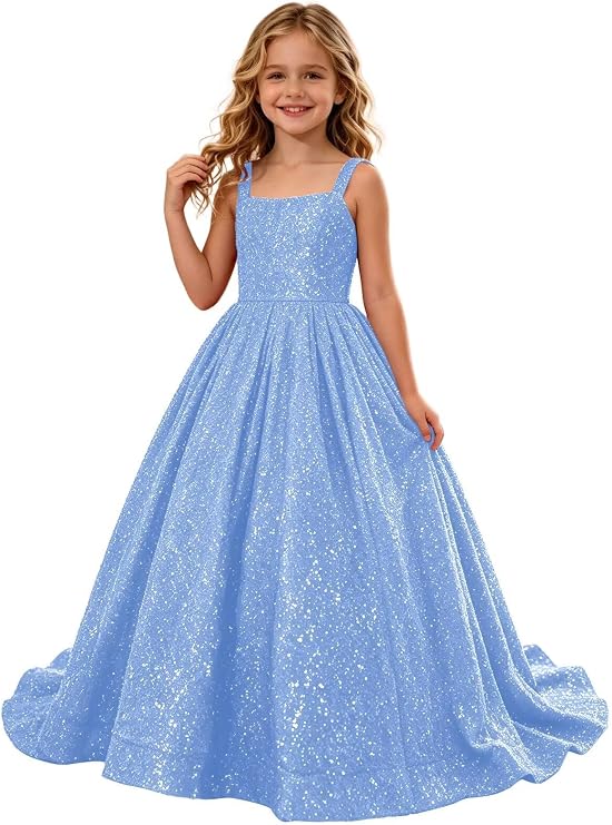 TinyTulle Sparkly Sequin Square Neck Long Flower Girl Pageant Gown