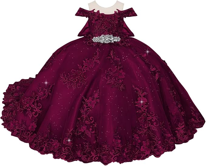 TinyTulle Blue Off Shoulder Floral Lace Applique Tulle Flower Girl Dress with Bow