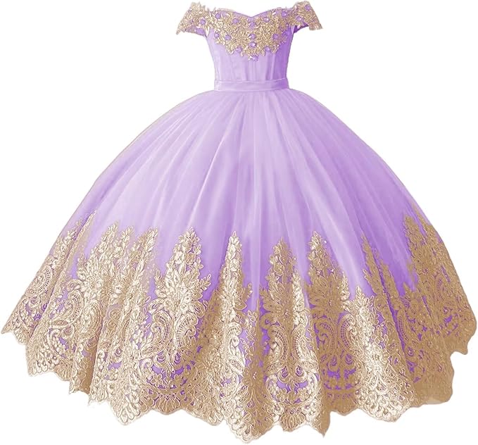 TinyTulle Off-Shoulder Gold Lace Applique Tulle Ball Gown Flower Girl Dress