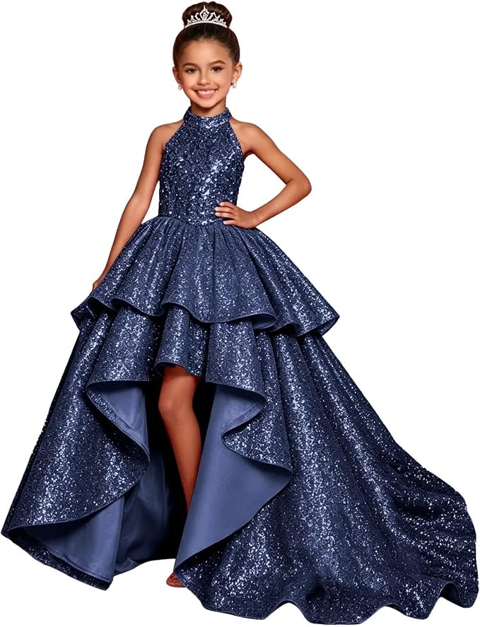 TinyTulle Elegant Sparkling Sequin Halter High-Low Flower Girl Dress for Special Occasions
