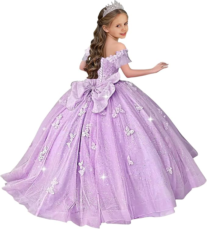 TinyTulle Butterfly Glitter Tulle Flower Girl Dress with Off Shoulder Sleeves &amp; Bow