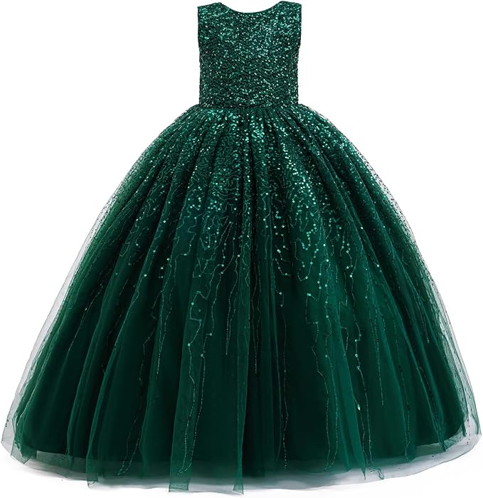 TinyTulle Sparkly Sequin Tulle Long Princess Flower Girl Dress for Special Occasions
