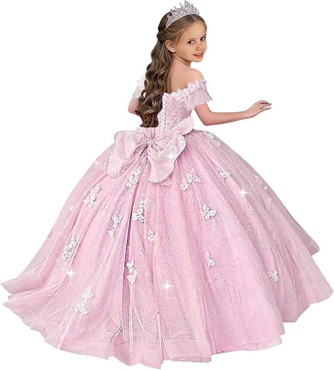 TinyTulle Butterfly Glitter Tulle Flower Girl Dress with Off Shoulder Sleeves &amp; Bow