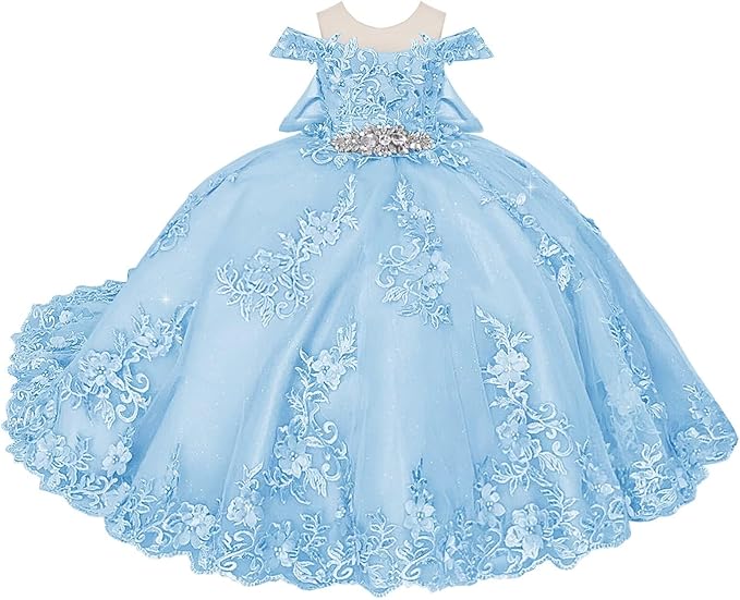 TinyTulle Blue Off Shoulder Floral Lace Applique Tulle Flower Girl Dress with Bow