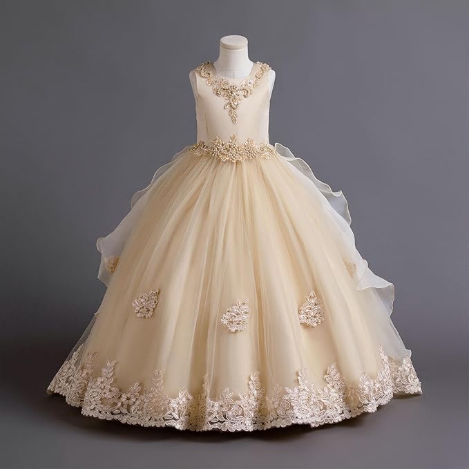 TinyTulle Champagne Lace Appliqué Layered Tulle Flower Girl Dress with Bow