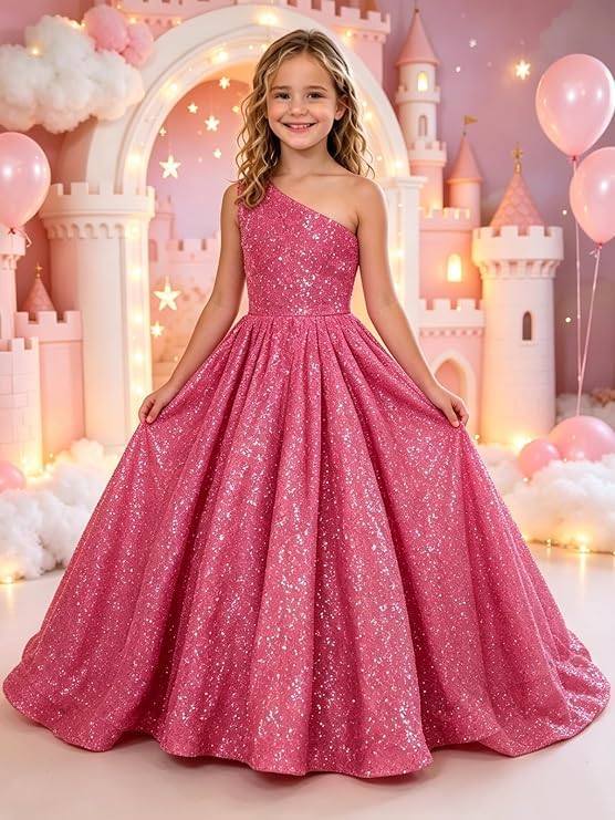 TinyTulle Sparkly Sequin One Shoulder Princess Flower Girl Dress