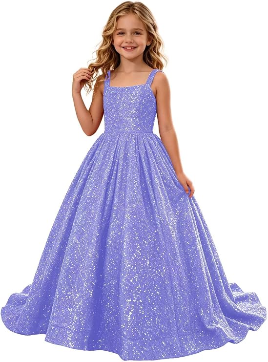 TinyTulle Sparkly Sequin Square Neck Long Flower Girl Pageant Gown