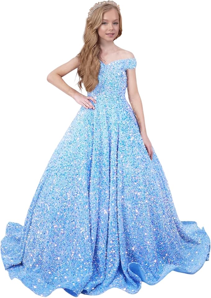 TinyTulle Sparkly Off-Shoulder Sequin Flower Girl Dress Pageant Gown