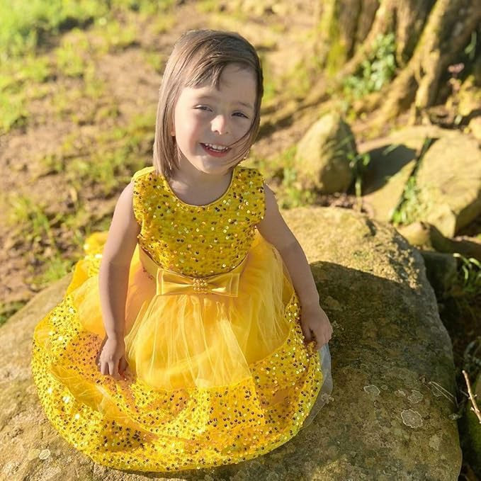 TinyTulle Sleeveless Sequin Tulle Flower Girl Dress with Bow Belt