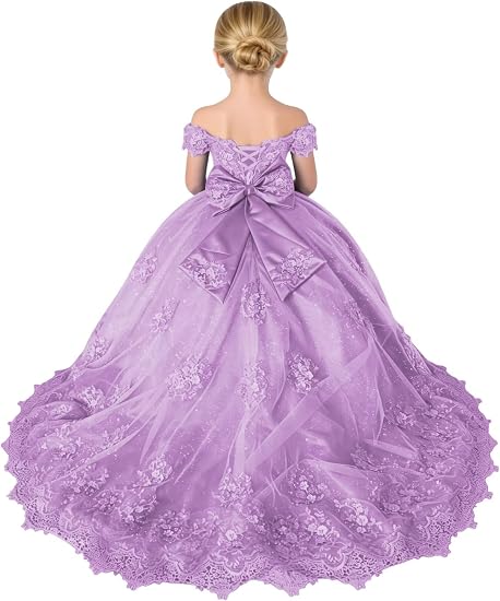 TinyTulle Sparkly Tulle 3D Flower Lace Applique Flower Girl Pageant Gown with Bow