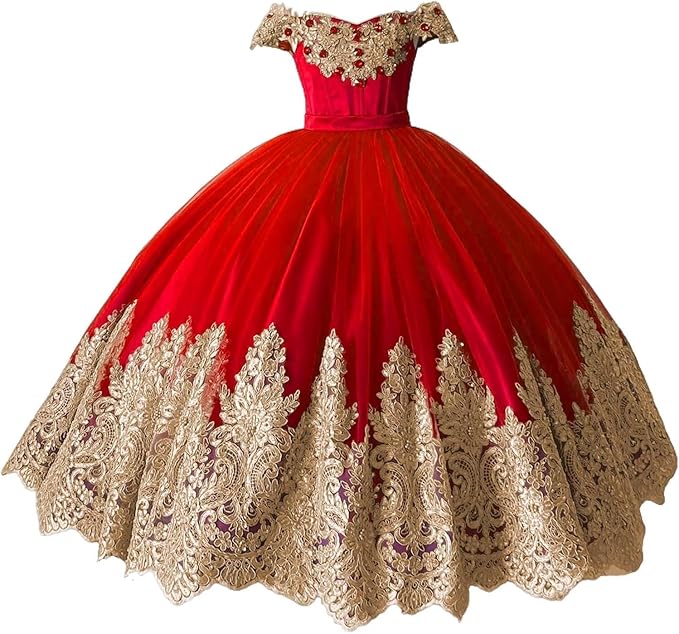 TinyTulle Off-Shoulder Gold Lace Applique Tulle Ball Gown Flower Girl Dress
