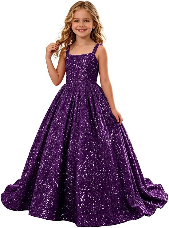 TinyTulle Sparkly Sequin Square Neck Long Flower Girl Pageant Gown