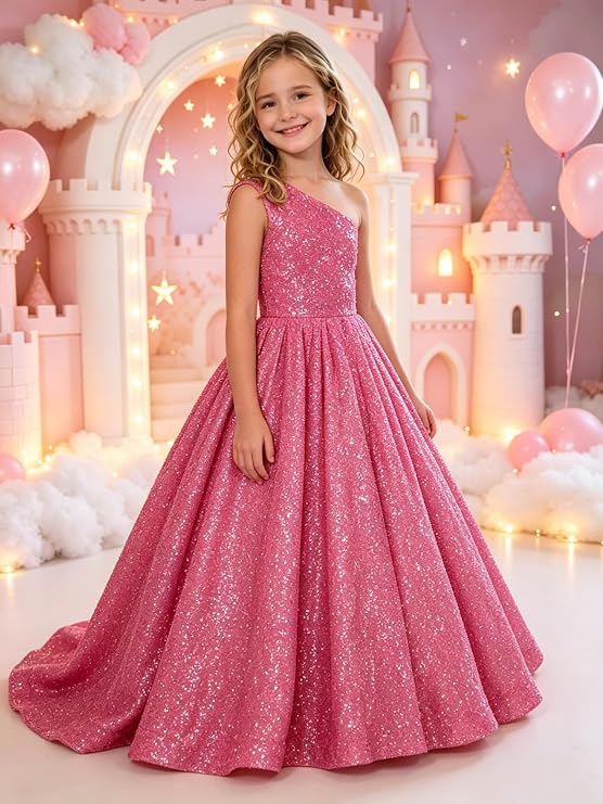 TinyTulle Sparkly Sequin One Shoulder Princess Flower Girl Dress