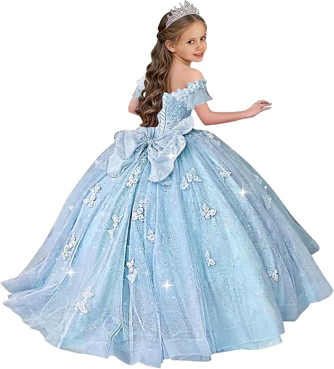 TinyTulle Butterfly Glitter Tulle Flower Girl Dress with Off Shoulder Sleeves &amp; Bow