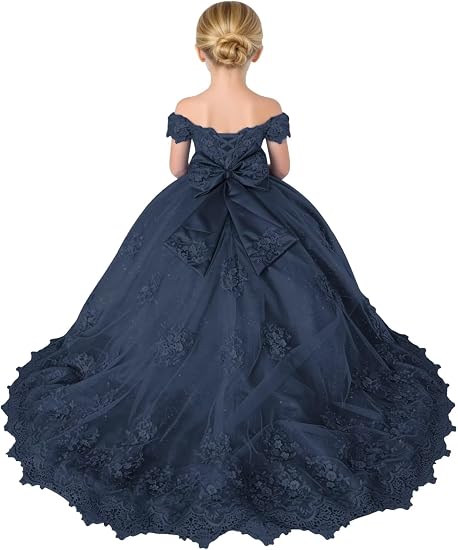 TinyTulle Sparkly Tulle 3D Flower Lace Applique Flower Girl Pageant Gown with Bow