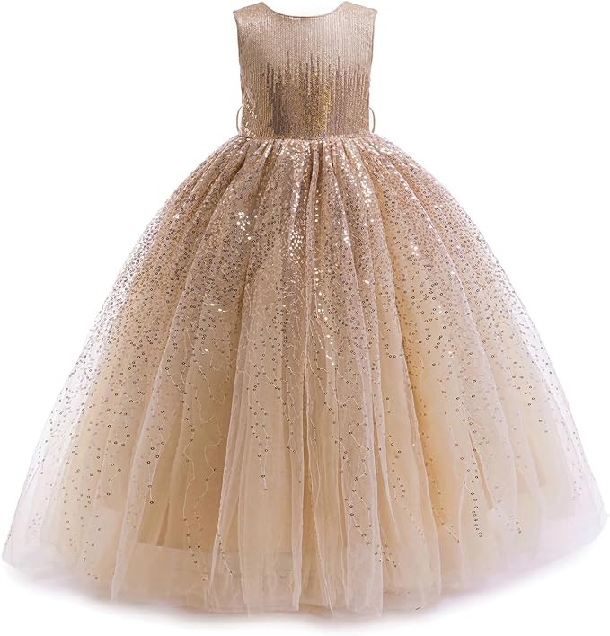 TinyTulle Sparkly Sequin Tulle Long Princess Flower Girl Dress for Special Occasions