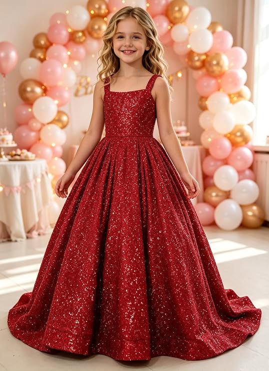 TinyTulle Sparkly Sequin Square Neck Long Flower Girl Pageant Gown