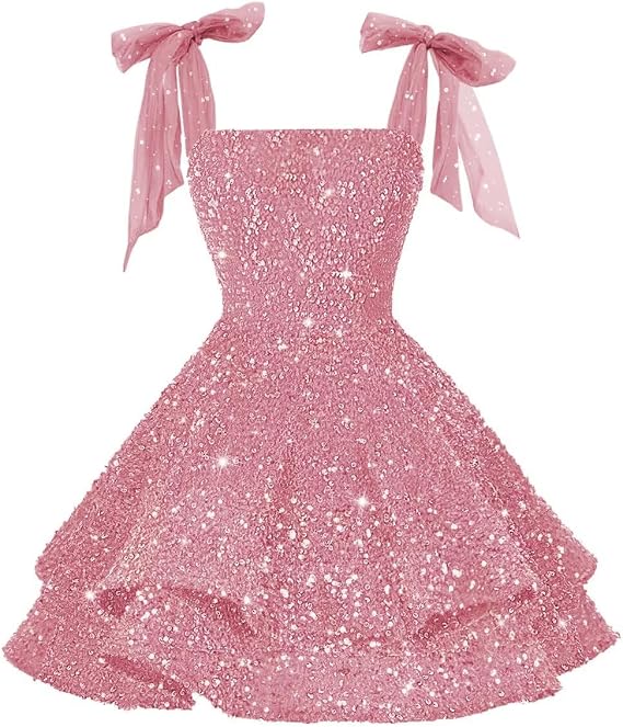 TinyTulle Sparkly Sequin Square Neck Princess Flower Girl Dress with Bow Shoulder Straps