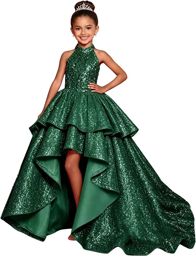 TinyTulle Elegant Sparkling Sequin Halter High-Low Flower Girl Dress for Special Occasions