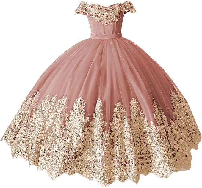 TinyTulle Off-Shoulder Gold Lace Applique Tulle Ball Gown Flower Girl Dress