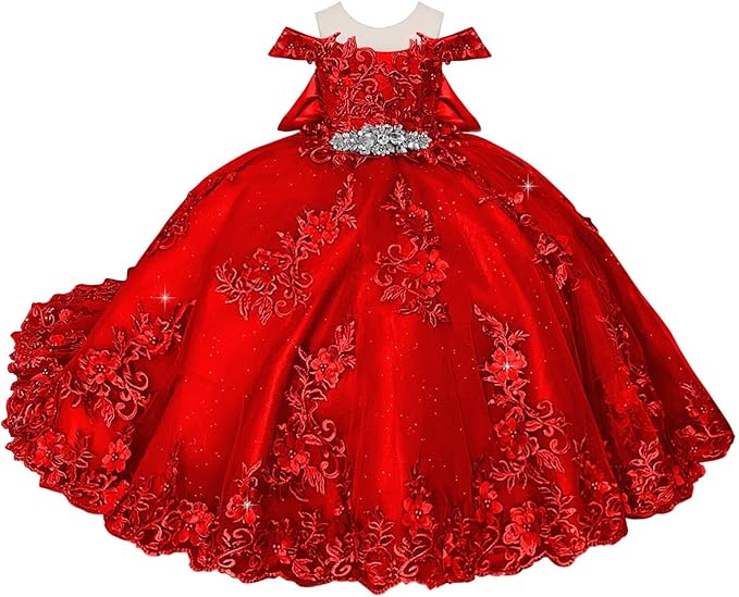 TinyTulle Blue Off Shoulder Floral Lace Applique Tulle Flower Girl Dress with Bow