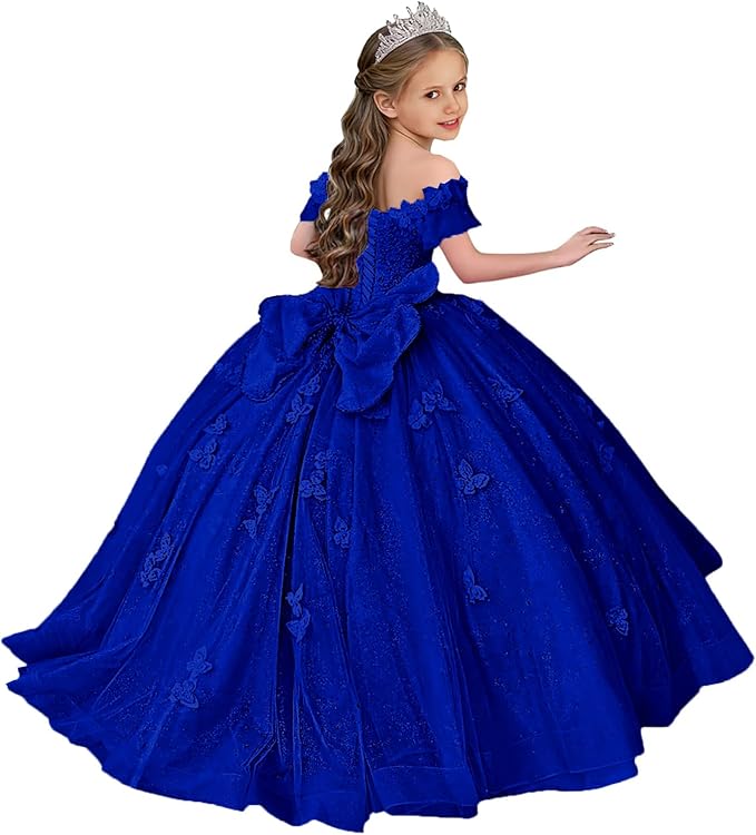 TinyTulle Butterfly Glitter Tulle Flower Girl Dress with Off Shoulder Sleeves &amp; Bow