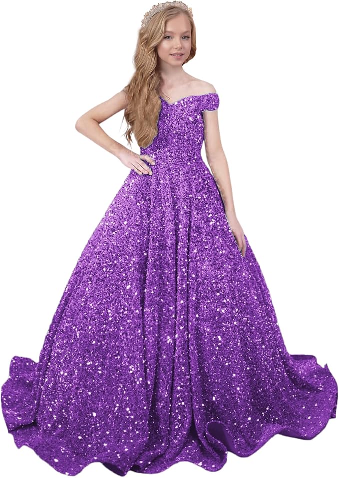 TinyTulle Sparkly Off-Shoulder Sequin Flower Girl Dress Pageant Gown