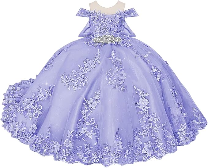 TinyTulle Blue Off Shoulder Floral Lace Applique Tulle Flower Girl Dress with Bow