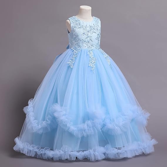 TinyTulle Light Blue Princess Flower Girl Dress with Layered Tulle and Cascading Ruffles