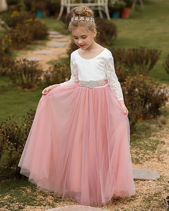 TinyTulle Lace Long Sleeve A-Line Tulle Flower Girl Dress for Special Occasions