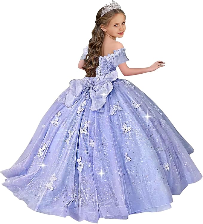 TinyTulle Butterfly Glitter Tulle Flower Girl Dress with Off Shoulder Sleeves &amp; Bow