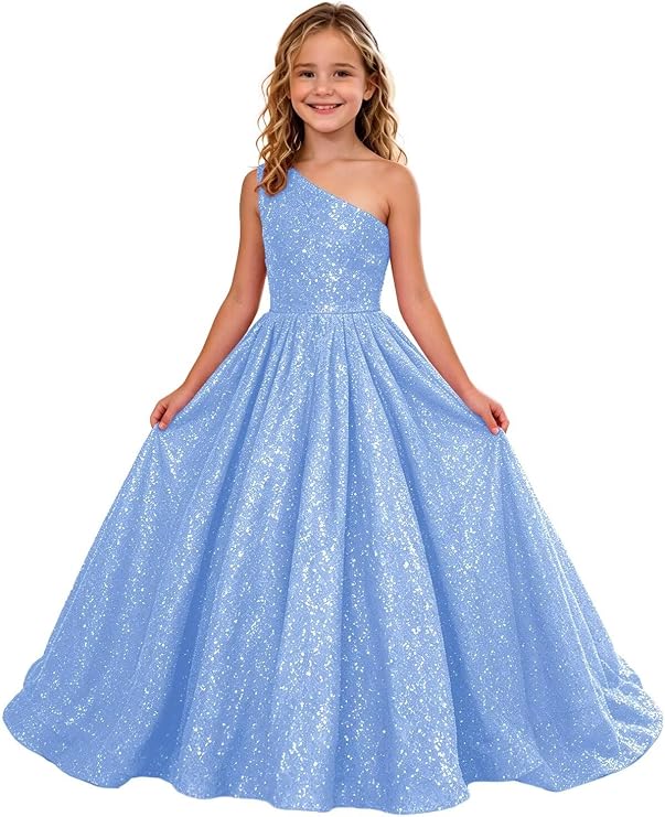 TinyTulle Sparkly Sequin One Shoulder Princess Flower Girl Dress