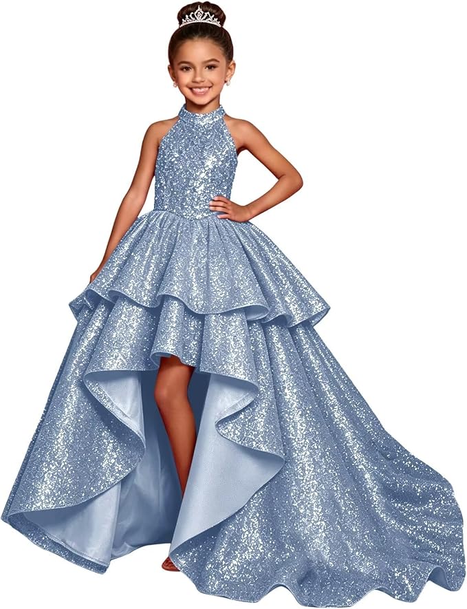 TinyTulle Elegant Sparkling Sequin Halter High-Low Flower Girl Dress for Special Occasions