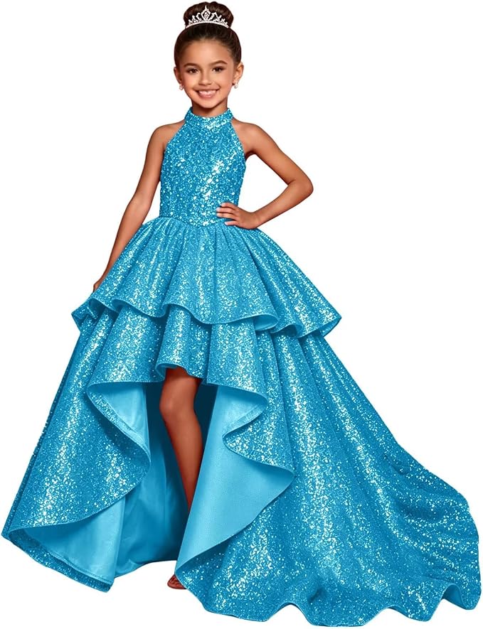 TinyTulle Elegant Sparkling Sequin Halter High-Low Flower Girl Dress for Special Occasions
