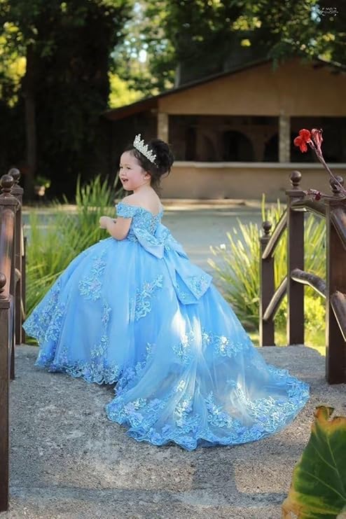 TinyTulle Blue Off Shoulder Floral Lace Applique Tulle Flower Girl Dress with Bow