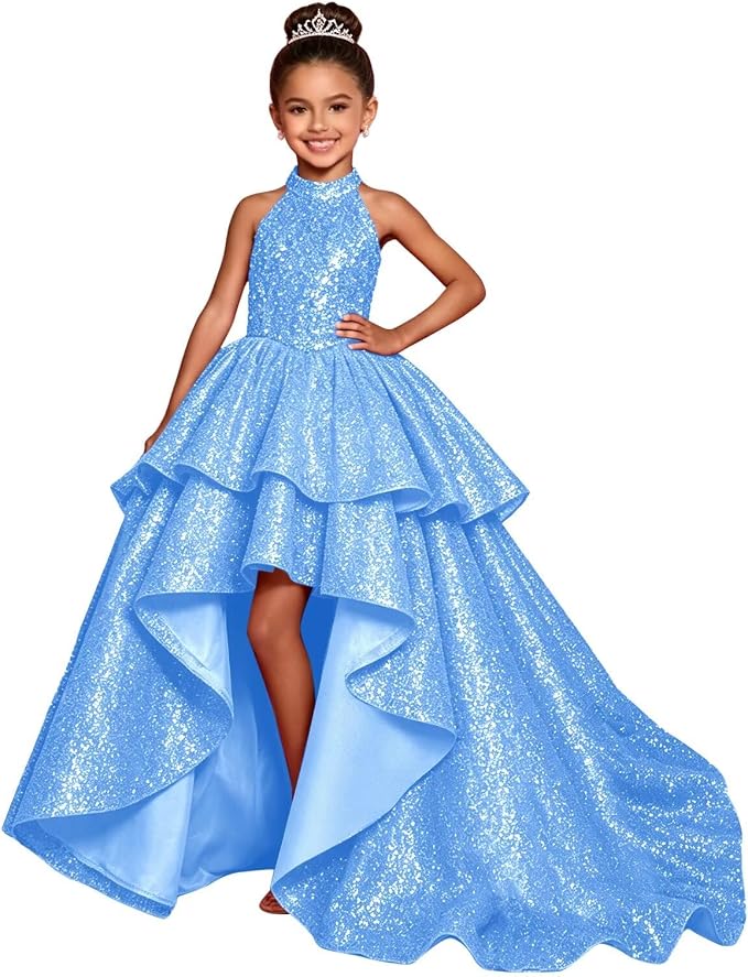 TinyTulle Elegant Sparkling Sequin Halter High-Low Flower Girl Dress for Special Occasions