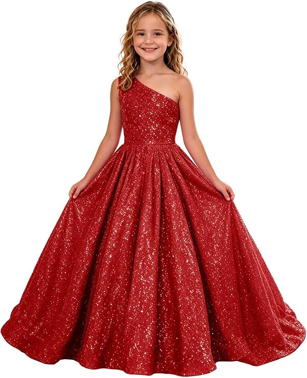 TinyTulle Sparkly Sequin One Shoulder Princess Flower Girl Dress