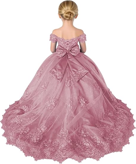 TinyTulle Sparkly Tulle 3D Flower Lace Applique Flower Girl Pageant Gown with Bow