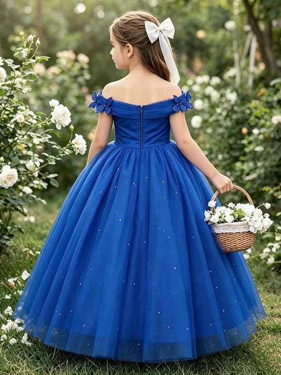 TinyTulle Princess Off-the-Shoulder Tulle Flower Girl Dress with 3D Butterflies