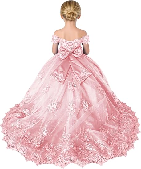 TinyTulle Sparkly Tulle 3D Flower Lace Applique Flower Girl Pageant Gown with Bow