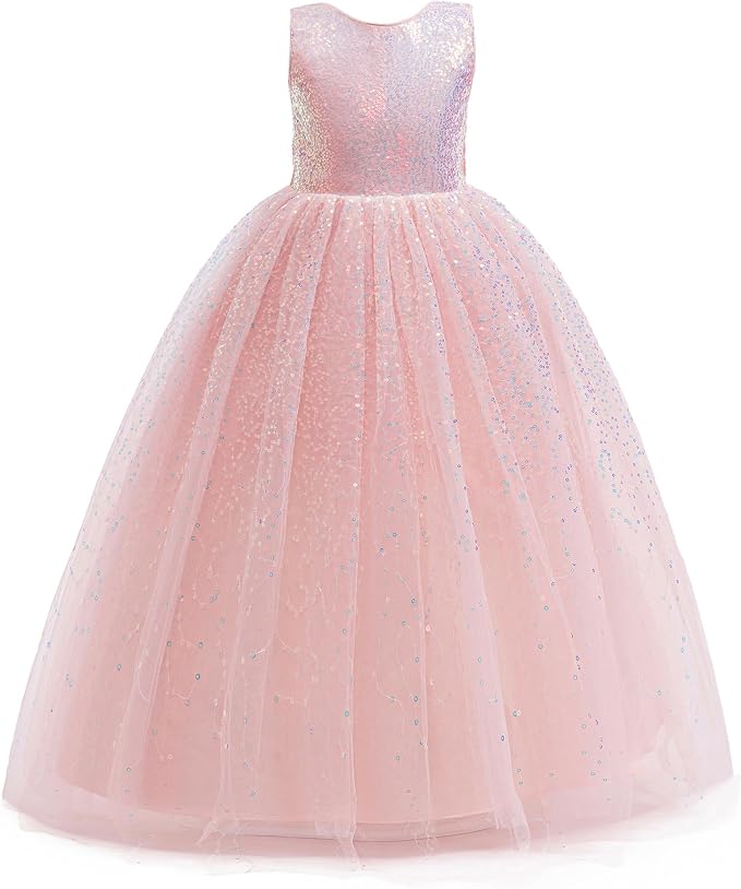 TinyTulle Sparkly Sequin Tulle Long Princess Flower Girl Dress for Special Occasions