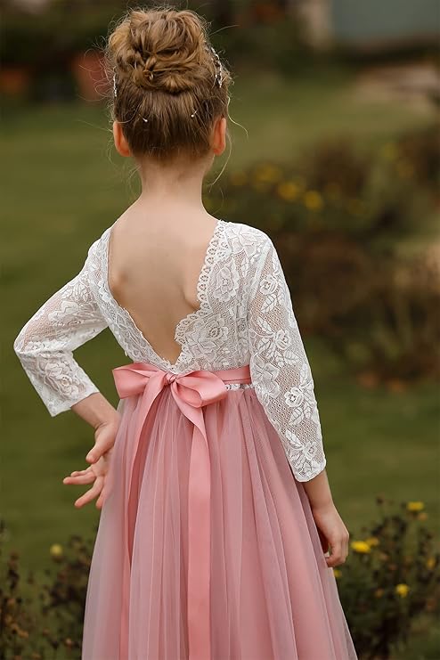 TinyTulle Lace Long Sleeve A-Line Tulle Flower Girl Dress for Special Occasions