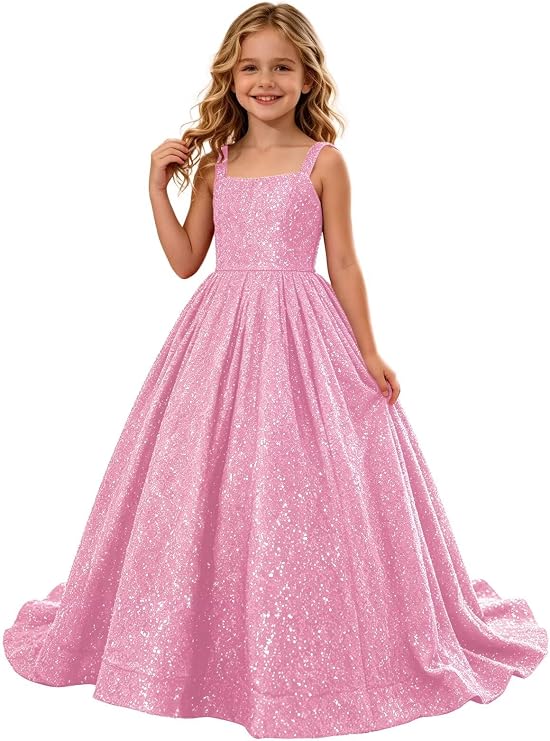 TinyTulle Sparkly Sequin Square Neck Long Flower Girl Pageant Gown
