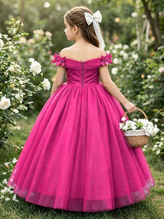 TinyTulle Princess Off-the-Shoulder Tulle Flower Girl Dress with 3D Butterflies