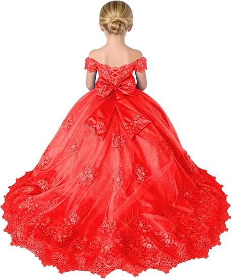 TinyTulle Sparkly Tulle 3D Flower Lace Applique Flower Girl Pageant Gown with Bow