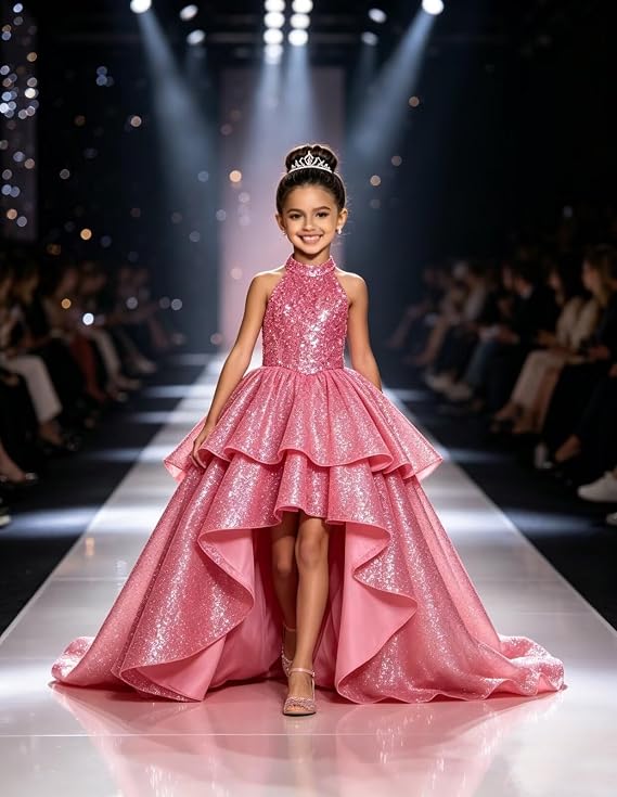 TinyTulle Elegant Sparkling Sequin Halter High-Low Flower Girl Dress for Special Occasions