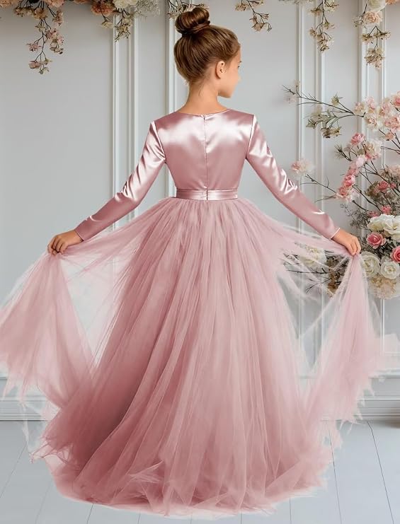 TinyTulle Elegant Long Sleeve Satin Tulle Princess Flower Girl Formal Gown