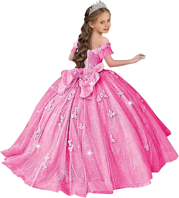 TinyTulle Butterfly Glitter Tulle Flower Girl Dress with Off Shoulder Sleeves &amp; Bow